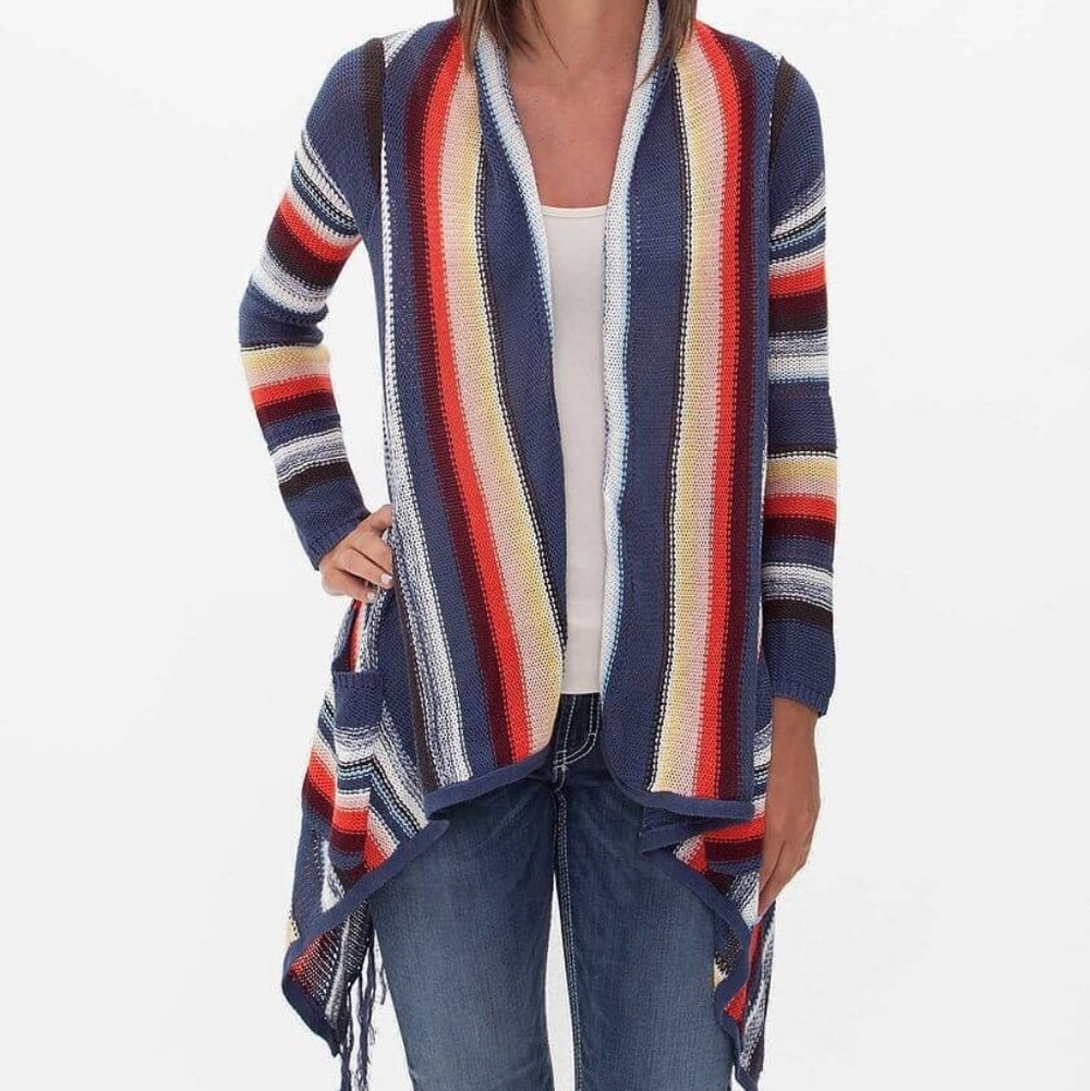 Ultra Flirt Striped Flyaway Cardigan Sweater Fringe Me